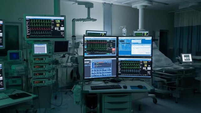 Wide shot of ICU medical monitors showing vital signs, blood pressure, and ECG data, with soft ambient lighting and computer systems working in sync in a sterile hospital environment.