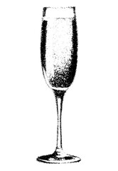 Vintage stippled photocopy texture champagne glass with retro New Year's Eve disco party vibes. Festive holiday cocktail, nightlife, and 90s grunge collage vector illustration