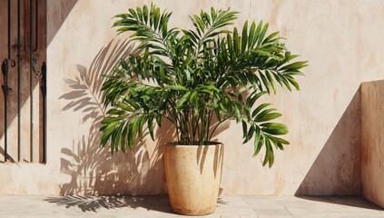 Beige pot with palm plant against a light beige wall