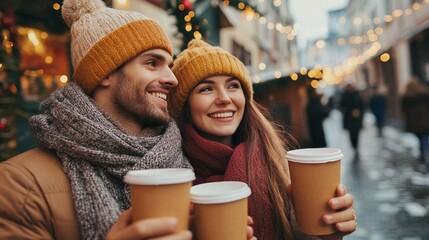 Cozy winter street scene with two smiling friends enjoying warm drinks amid festive holiday lights and blurred urban background
