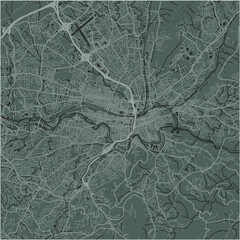 Map of Roanoke in Virginia in a smooth dark style. Contains layered vector with roads water, parks, etc.