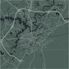 Map of Suffolk in Virginia in a smooth dark style. Contains layered vector with roads water, parks, etc.