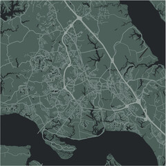 Map of Williamsburg in Virginia in a smooth dark style. Contains layered vector with roads water, parks, etc.