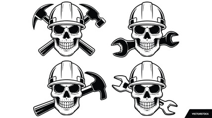 Skull construction worker emblems with tools hard hat