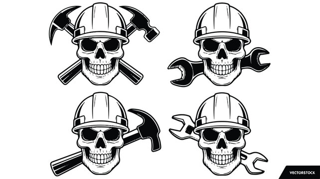 Skull construction worker emblems with tools hard hat