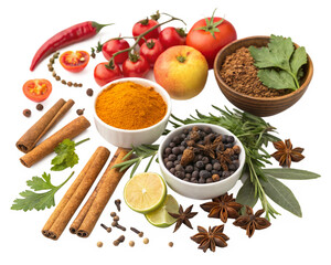 natural Spices and natural food on white background 