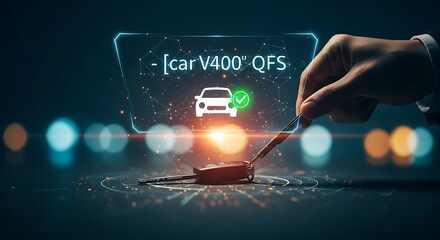 Buying a car with QFS. A hand holds a car key, with a hologram floating above showing the transaction details and a green checkmark.