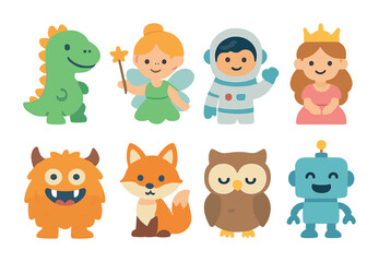 Fototapeta premium Storybook Friends Grid. Flat vector mini-illustrations of favorite storybook characters in colors children's