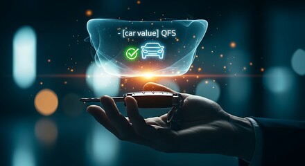 Buying a car with QFS. A hand holds a car key, with a hologram floating above showing the transaction details and a green checkmark.