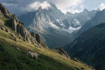 Fototapeta premium Goats grazing mountain slope beneath rugged peaks and shifting clouds