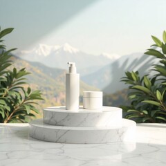 Cosmetic Products on Marble Pedestal with Scenic Mountain Backdrop
