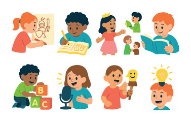 Fototapeta premium Creative Storytelling Icons. Flat vector mini-illustrations creative storytelling together in colors