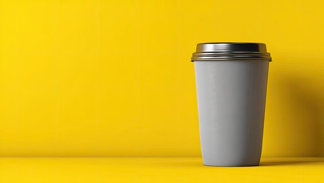 Light gray disposable coffee cup with silver lid against a bright yellow background - Powered by Adobe