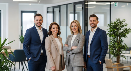 Confident business team posing in modern office smiling success corporate professionals entrepreneurs teamwork collaboration partnership