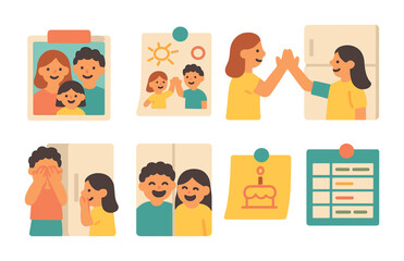 Family Fridge Fun. Flat vector mini-illustrations fun family fridge moments in colors children's illustrations