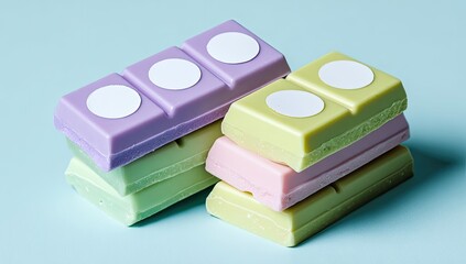 Pastel-colored chocolate bars stacked in pairs, light teal background, with white circles on each bar