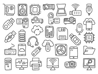 Hand Drawn Computer Hardware and Technology Icons Set – Doodle Style Network, Devices, Gadgets, Cloud Computing, Storage, Maintenance, Cyber Security, Data Server