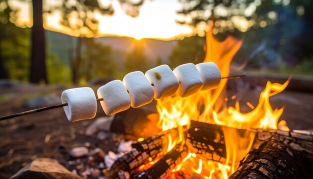 A cozy evening tradition of roasting sweet marshmallows over a warm bonfire during an outdoor camping adventure in the wilderness - Powered by Adobe