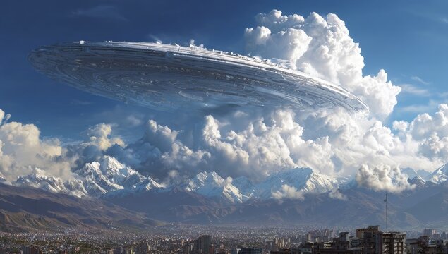A massive, futuristic spacecraft hovers over a mountainous city, nestled beneath a massive cloud formation