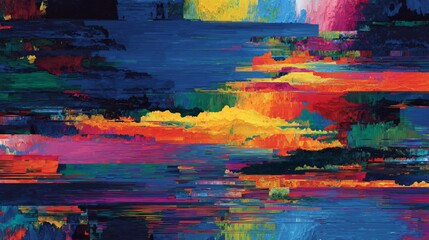 Vibrant, abstract artwork with horizontal brushstrokes.