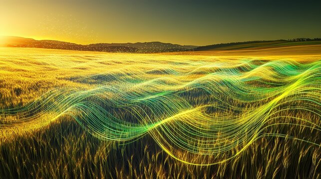 Dynamic Symphony of Green and Yellow Digital Lines Across Landscape - Powered by Adobe