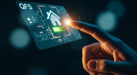 Mortgage payment with QFS. A finger touches a "house" icon on a holographic interface, which fills with green to confirm the payment.