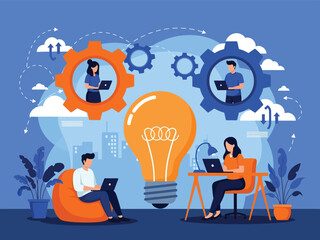 Creative team collaborating remotely, brainstorming a new idea symbolized by a giant lightbulb and interconnected gears.