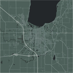 Map of Fond du Lac in Wisconsin in a smooth dark style. Contains layered vector with roads water, parks, etc.