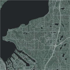 Map of Federal Way in Washington in a smooth dark style. Contains layered vector with roads water, parks, etc.