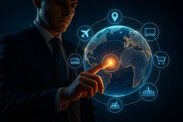 Businessman interacting with a glowing digital globe showcasing global connectivity and technology