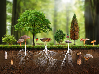 Forest cross-section with trees, roots, soil layers, and mushrooms in a vibrant educational illustration.
Landscape illustration showing forest trees and their root systems beneath the earth&rsquo;s surface