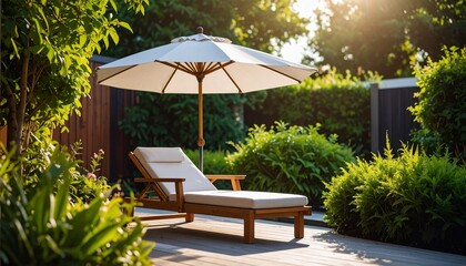 Obraz premium Relaxing Outdoor Scene A Sun Lounger and Umbrella in a Lush Garden Setting