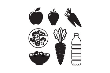 Collection of healthy food and drink icons including fruits vegetables and water bottle