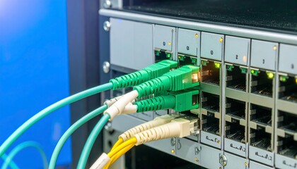 Modern server room showcases network cables connected to active switch for secure data transfer