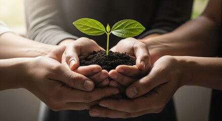 Diverse group of hands carefully holding a young green seedling in fertile soil