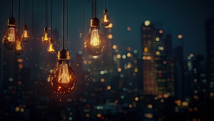 Obraz premium Warm, glowing Edison bulbs hang in a city night