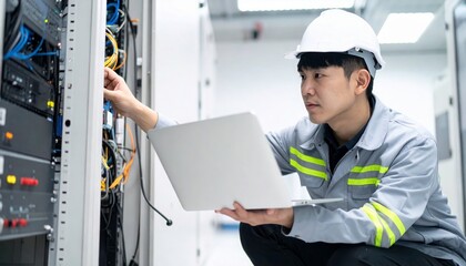 Focused engineer maintaining server with laptop in data center for optimal performance and security