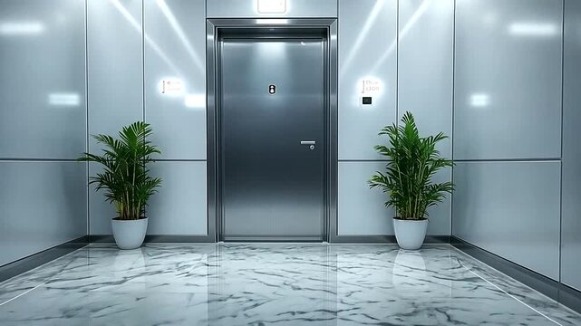 Modern interior with elevator doors and decorative plants creating a tranquil ambiance