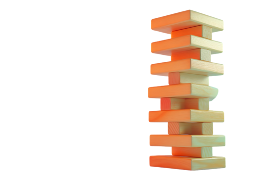 A jenga tower made of orange and white blocks  on transparent background