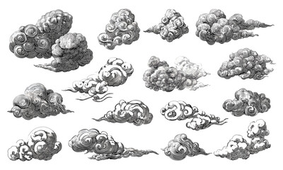 Chinese cloud collection featuring auspicious swirls and curls, Asian cultural holiday symbols, festive spring lanterns, traditional gold ornaments, lunar new year celebration, Japan