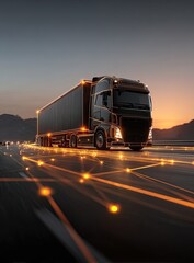 A dark, modern semi-truck on a highway at twilight,  with glowing network lines