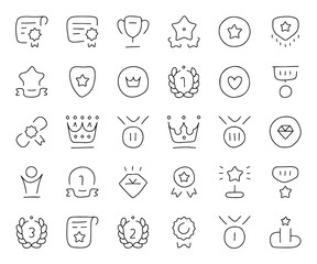 Hand Drawn Reward, Badge, Trophy, Certificate, Crown, Medal, Award Icons Set – Doodle Sketch Style for Achievement, Ranking, Prize, Success, Gamification, Education, Certificate