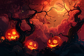Spooky Halloween scene with glowing jack-o'-lanterns and twisted trees under a full moon