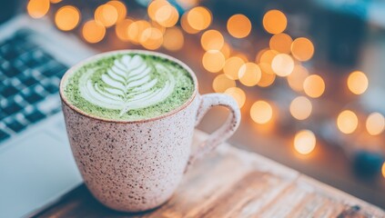 Latte art on a light beige mug beside a laptop
