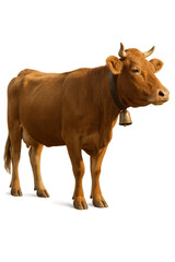 Brown cow wearing a cowbell standing on transparent background