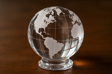 Clear glass globe with etched continents on a dark wooden surface