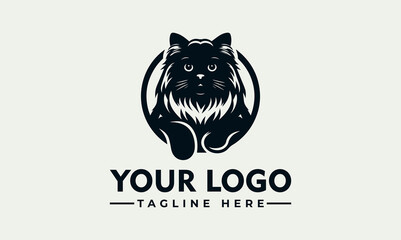A stylized black and white cat logo with fluffy fur inside a circle, with text for a logo and tagline.
