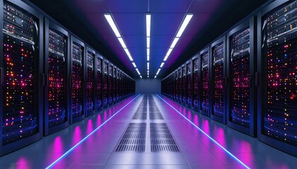 Vibrant server room with modern neon lighting for data storage and cloud computing solutions