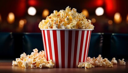 butter popcorn in a classic red and white striped container at a movie theater