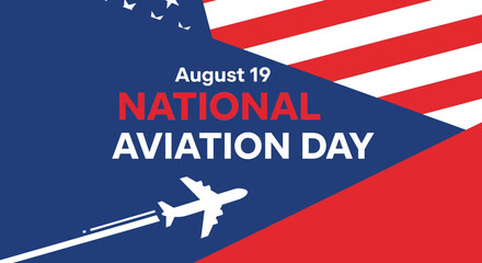 flat illustration banner of National Aviation Day on August 19th, featuring a stylized airplane silhouette with contrails against an American flag-inspired background of stars and stripes